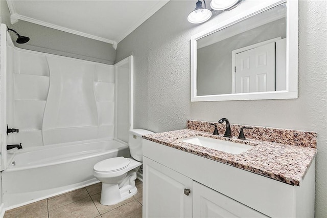 full bathroom featuring shower / tub combination, ornamental molding, vanity, toilet, and tile patterned floors