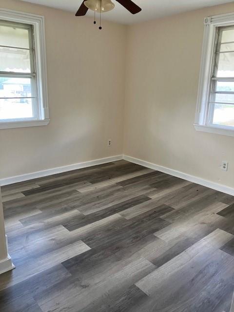 empty room featuring ceiling fan, plenty of natural light, and dark hardwood / wood-style floors