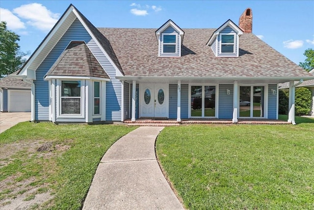 view of front of property with a front yard, covered porch, and a garage