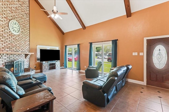 living room featuring beam ceiling, high vaulted ceiling, ceiling fan, and a fireplace