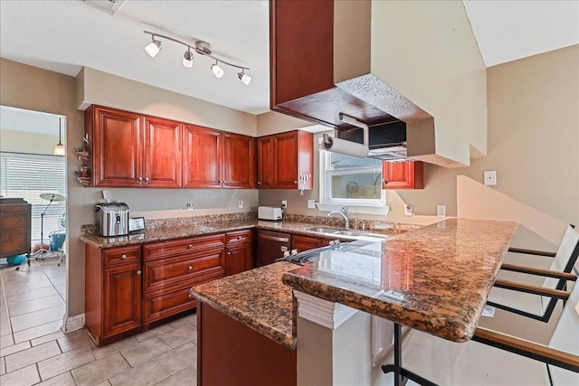 kitchen with track lighting, a breakfast bar area, a wealth of natural light, and kitchen peninsula