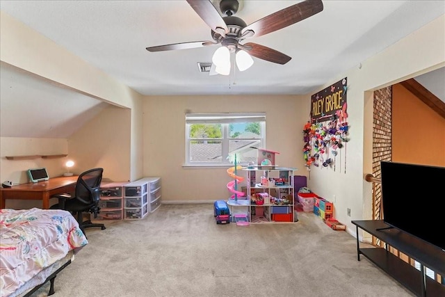 carpeted bedroom with ceiling fan