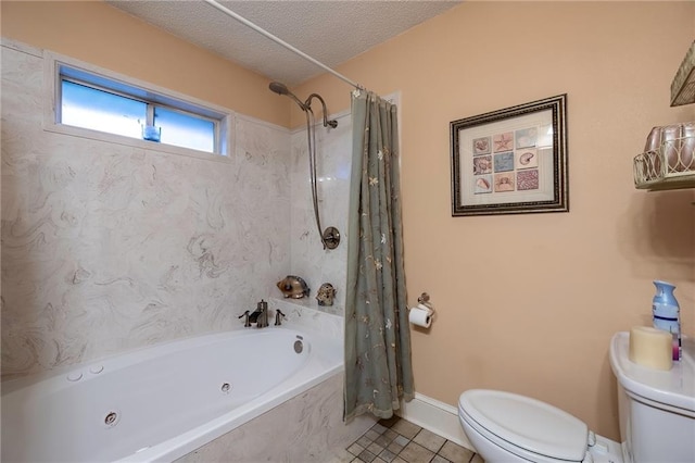 bathroom with tile patterned floors, toilet, a textured ceiling, and shower / tub combo