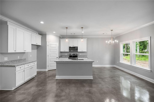 kitchen with white cabinets, light stone counters, a kitchen island with sink, and appliances with stainless steel finishes