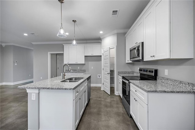 kitchen with white cabinets, sink, light stone countertops, an island with sink, and stainless steel appliances