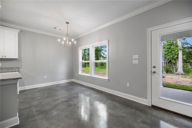 unfurnished dining area with an inviting chandelier, a wealth of natural light, and crown molding