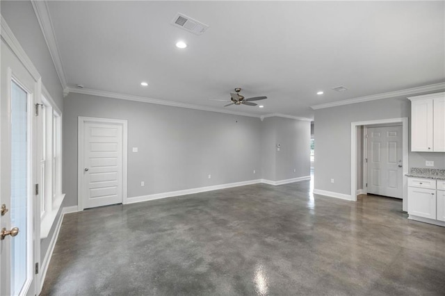 unfurnished living room featuring ceiling fan and crown molding