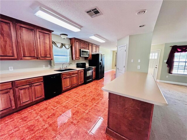 kitchen featuring plenty of natural light, sink, a textured ceiling, and black appliances