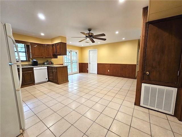 kitchen featuring french doors, white appliances, ceiling fan, and plenty of natural light