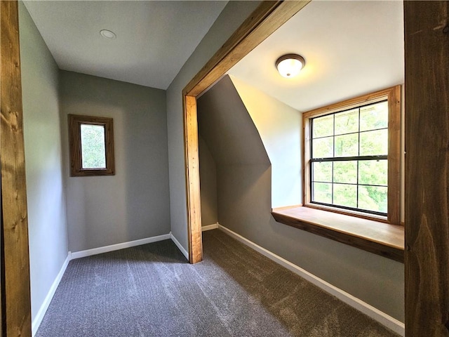 additional living space featuring dark carpet and a healthy amount of sunlight