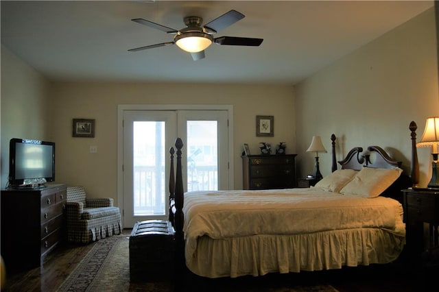 bedroom with dark wood-type flooring, ceiling fan, access to outside, and french doors