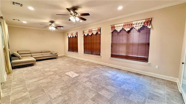 tiled living room featuring crown molding and ceiling fan