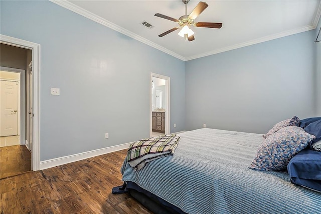 bedroom with ensuite bath, ceiling fan, wood-type flooring, and ornamental molding