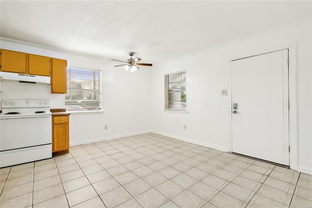 kitchen featuring ceiling fan, light tile patterned floors, and white range with electric cooktop