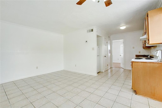 kitchen with crown molding, light tile patterned flooring, white range, and ceiling fan