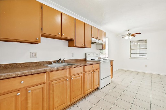 kitchen featuring sink, white electric range, ceiling fan, and light tile patterned floors