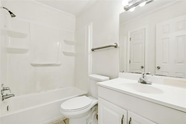 full bathroom featuring toilet, crown molding, vanity, and bathing tub / shower combination