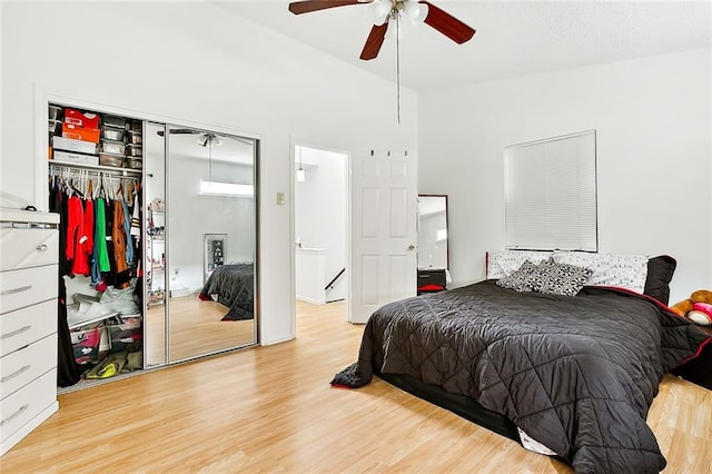 bedroom featuring light hardwood / wood-style flooring and ceiling fan