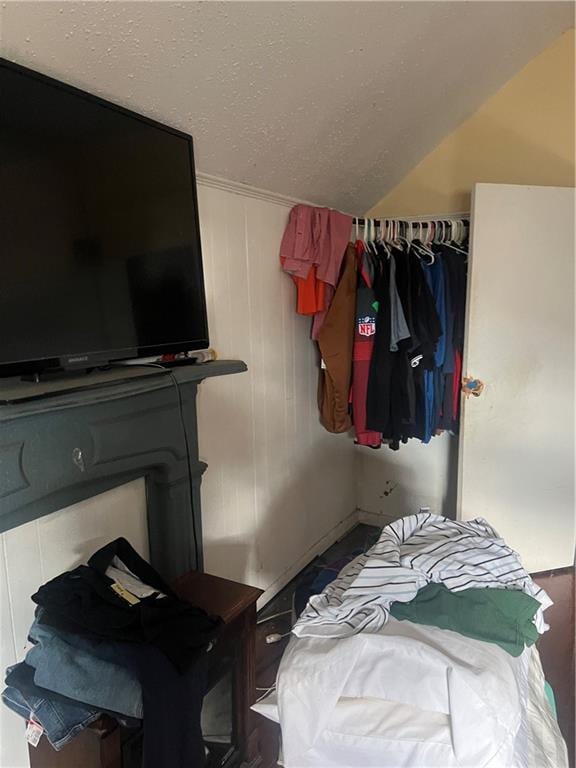 bedroom featuring vaulted ceiling, a closet, and a textured ceiling