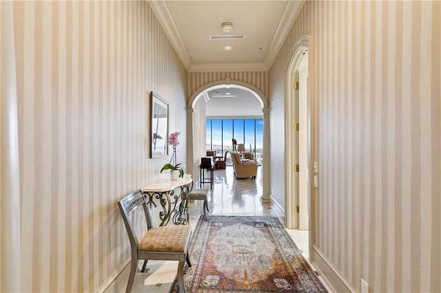 hallway with crown molding