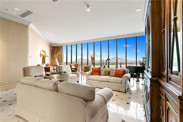 living room with expansive windows and crown molding