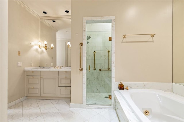 bathroom with independent shower and bath, vanity, and ornamental molding