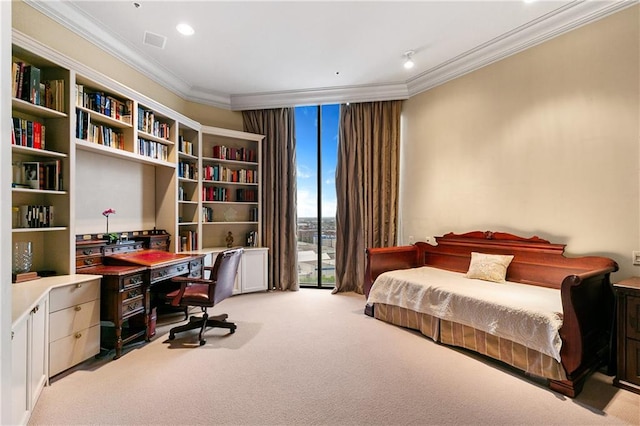 carpeted bedroom featuring ornamental molding