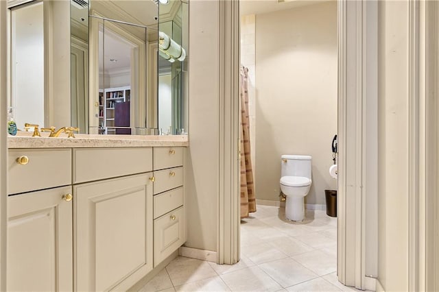 bathroom featuring walk in shower, tile patterned flooring, vanity, and toilet