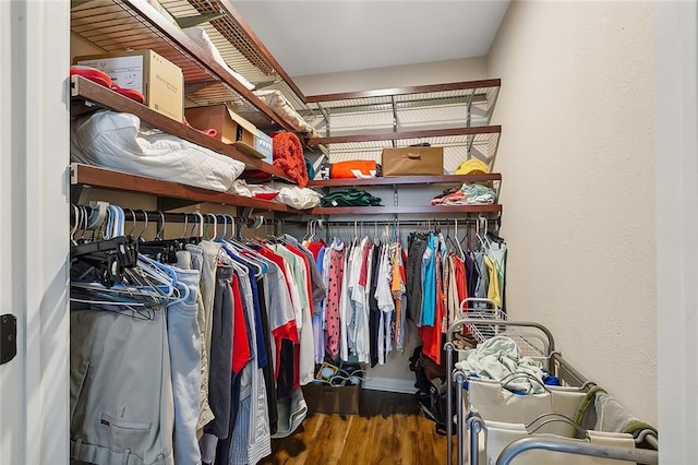 walk in closet with dark hardwood / wood-style flooring