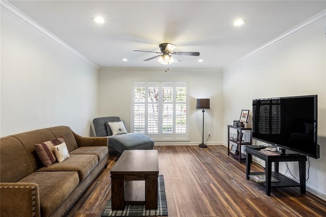 living room with ceiling fan, dark wood-type flooring, and crown molding