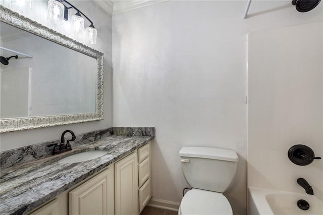 full bathroom with toilet, ornamental molding, vanity, and shower / tub combination