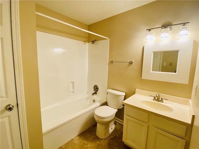 full bathroom featuring toilet, tub / shower combination, tile flooring, a textured ceiling, and vanity