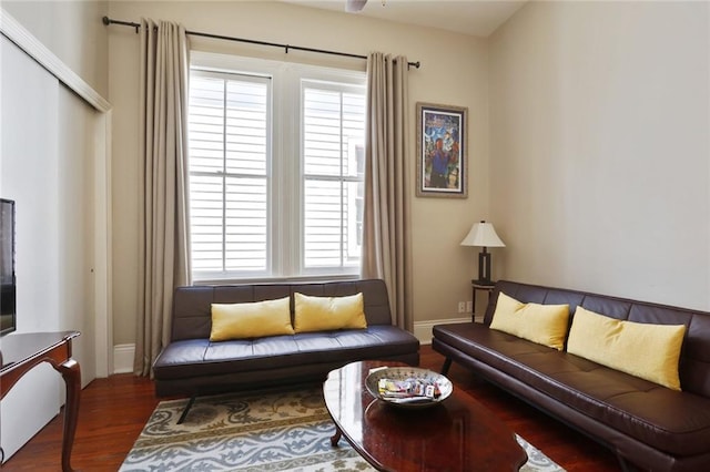 living room with dark hardwood / wood-style flooring and a wealth of natural light