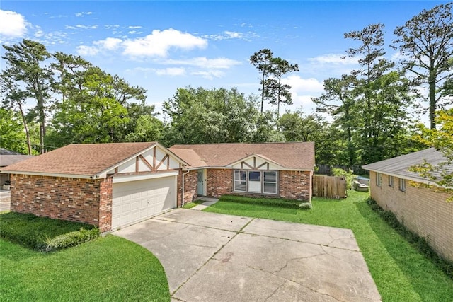 ranch-style house with a garage and a front lawn