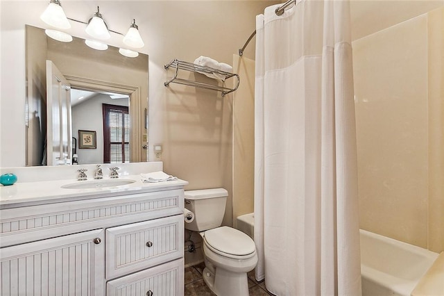 full bathroom featuring tile flooring, large vanity, shower / bathtub combination with curtain, and toilet