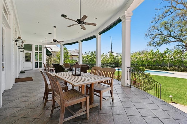 view of patio with ceiling fan and a fenced in pool