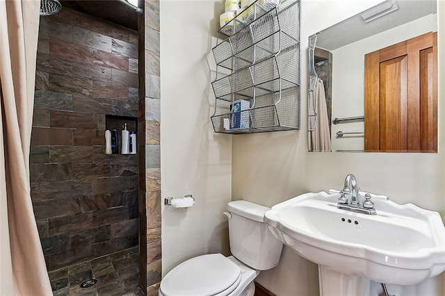 bathroom with toilet, sink, and a shower with curtain