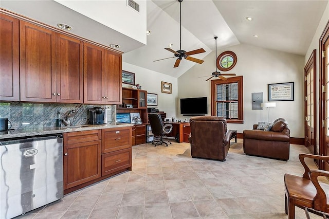 kitchen featuring ceiling fan, dishwasher, backsplash, light tile flooring, and high vaulted ceiling