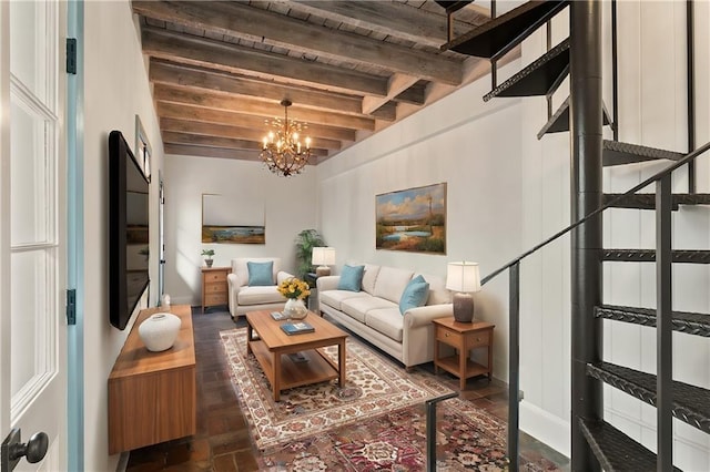 living room with beamed ceiling, dark hardwood / wood-style floors, wooden ceiling, and a chandelier