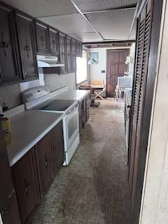 kitchen featuring fume extractor, white electric range oven, and dark brown cabinets