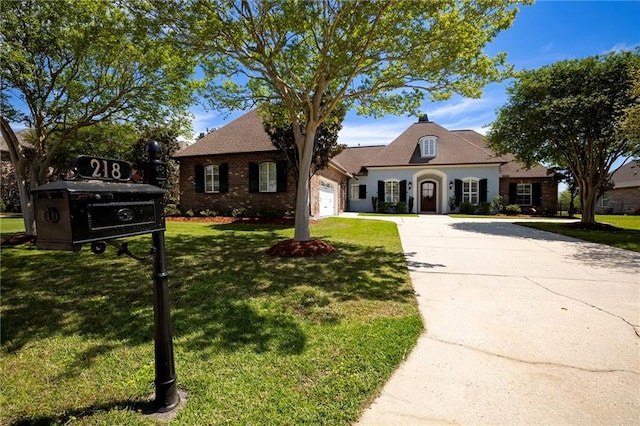 view of front of home with a garage and a front lawn