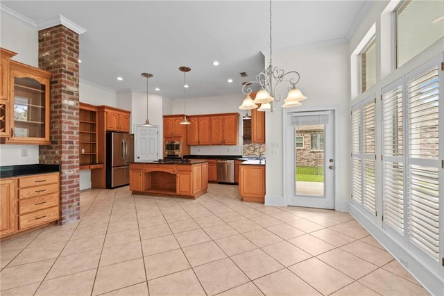 kitchen with open shelves, light tile patterned floors, dark countertops, and appliances with stainless steel finishes