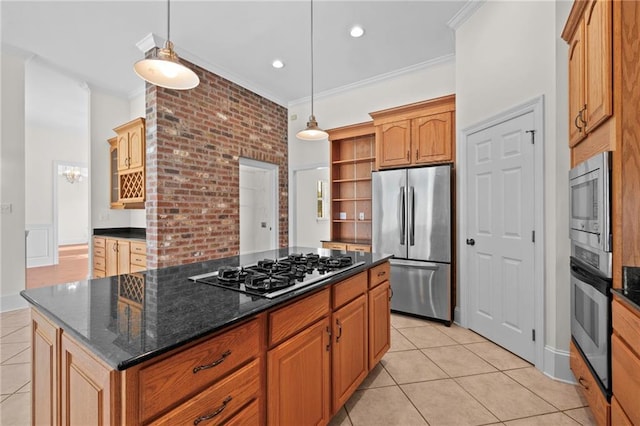 kitchen with open shelves, appliances with stainless steel finishes, ornamental molding, and light tile patterned floors