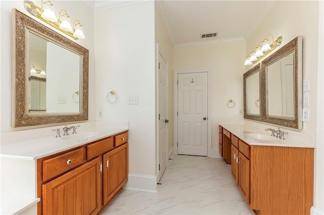 full bathroom with two vanities, visible vents, marble finish floor, and a sink