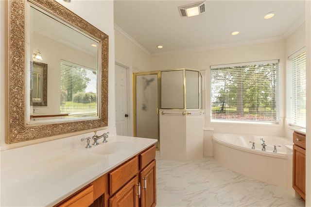 full bath featuring visible vents, marble finish floor, a healthy amount of sunlight, and ornamental molding