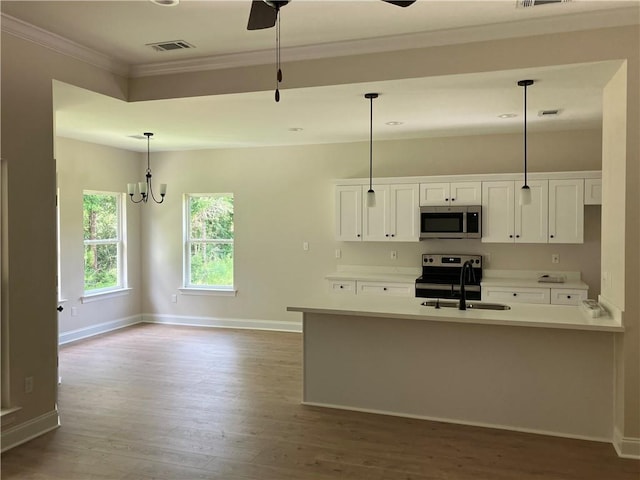 kitchen featuring white cabinetry, wood-type flooring, sink, hanging light fixtures, and stainless steel appliances