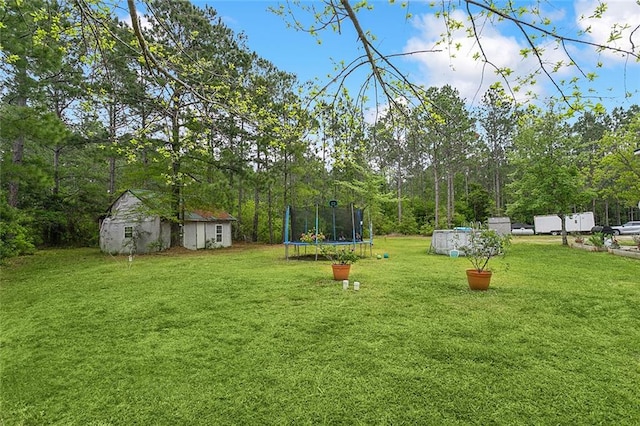 view of yard with a trampoline and a shed