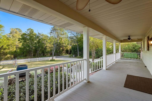 wooden deck with ceiling fan and covered porch