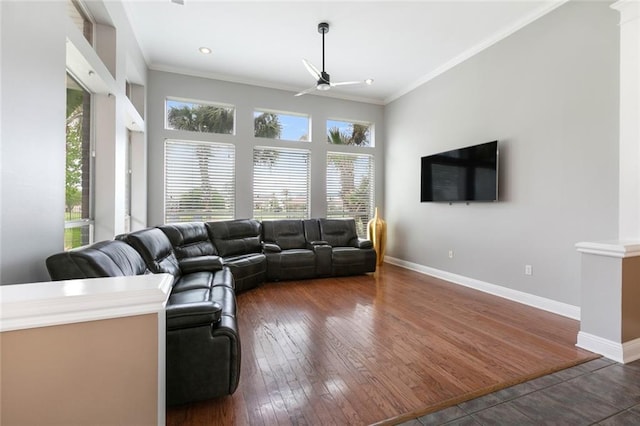 living room featuring crown molding, ceiling fan, and dark wood-type flooring