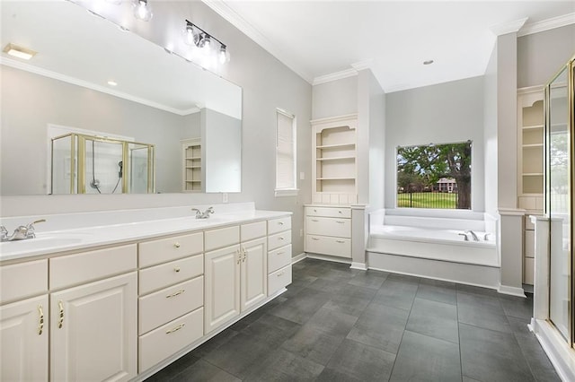bathroom featuring double sink, vanity with extensive cabinet space, shower with separate bathtub, and tile floors